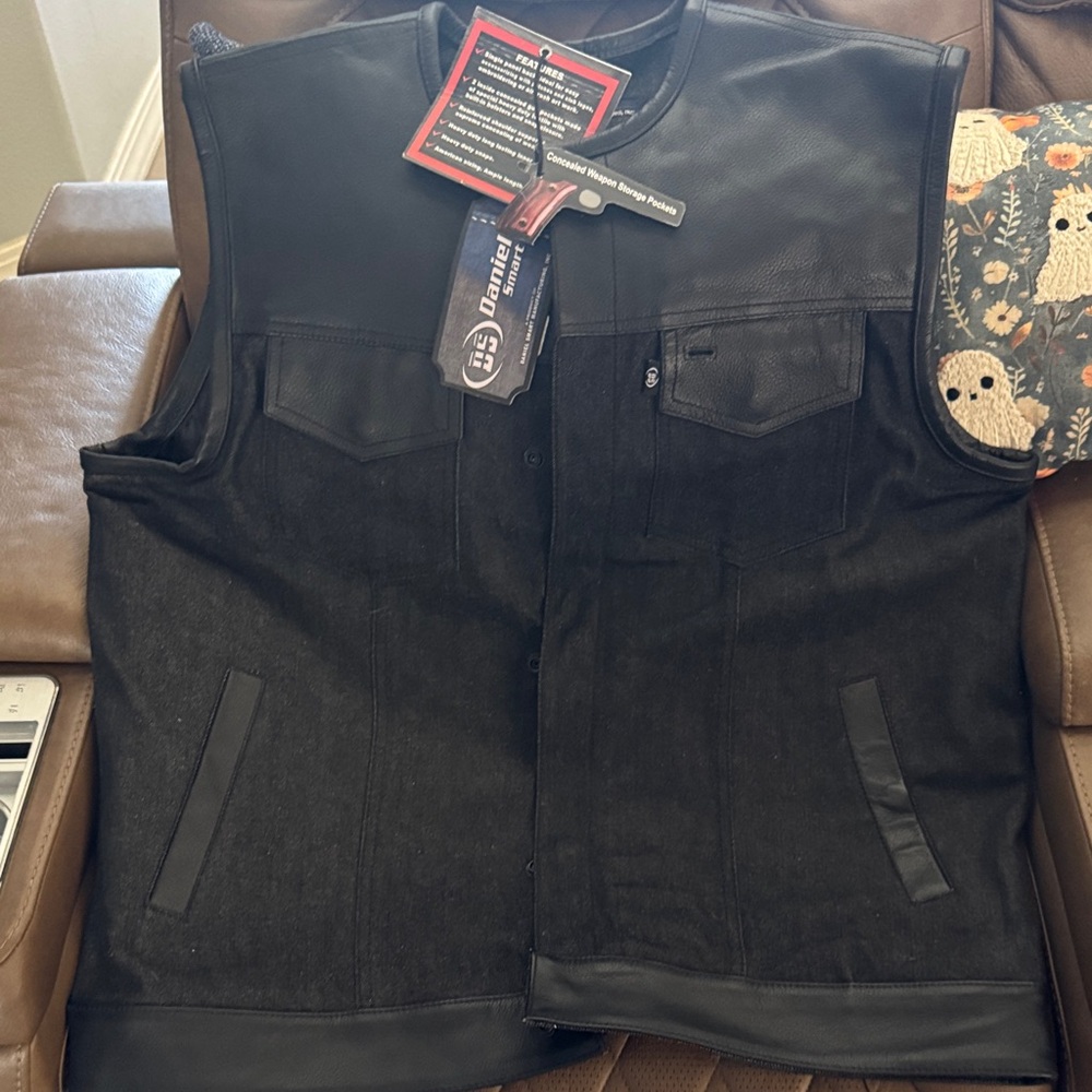 Men's Black Denim and Leather Vest